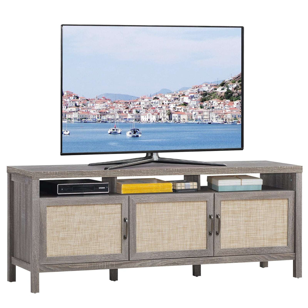 Universal TV Stand Cabinet Television Media Console with 3 Rattan Doors Grey - Puck's