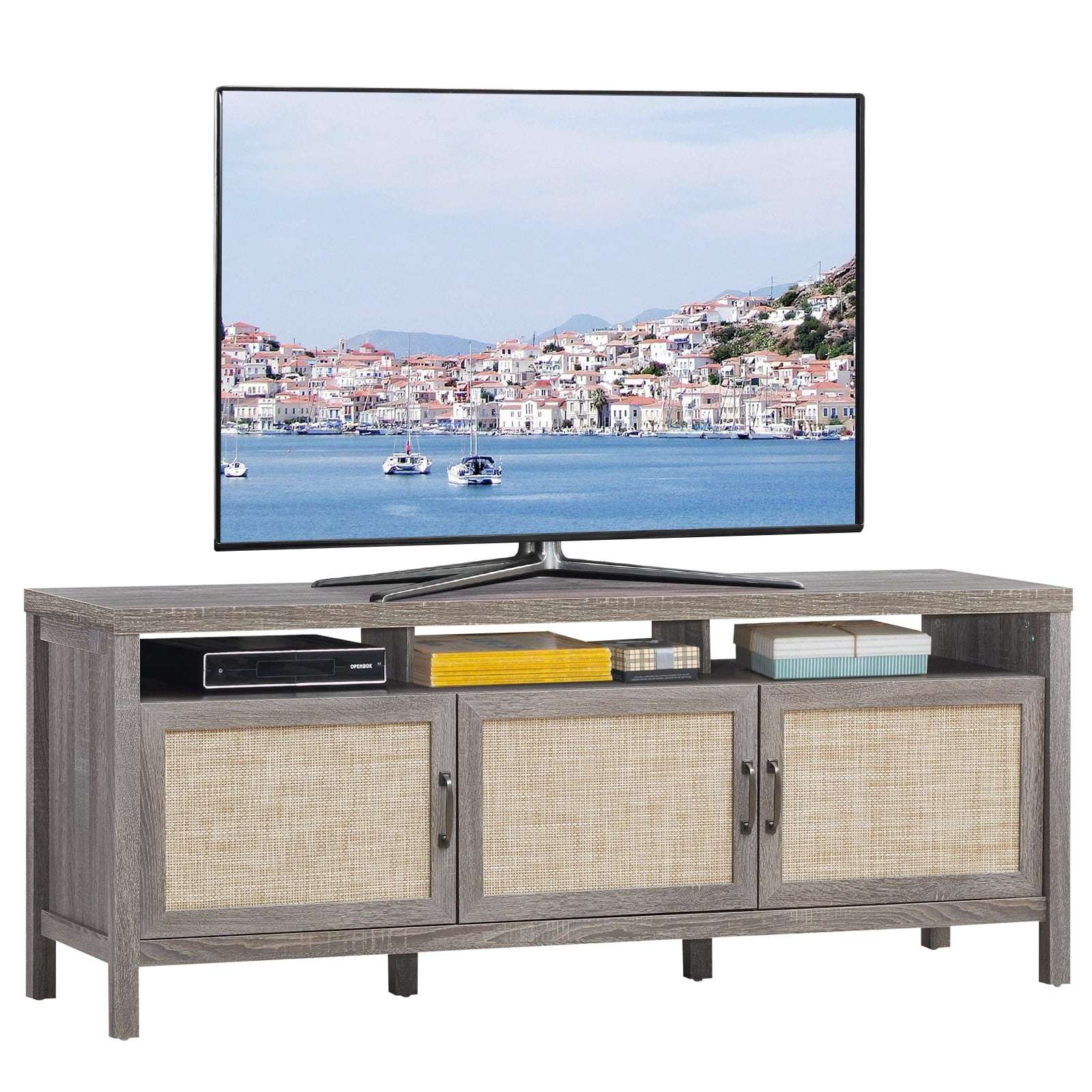 Universal TV Stand Cabinet Television Media Console with 3 Rattan Doors Grey - Puck's
