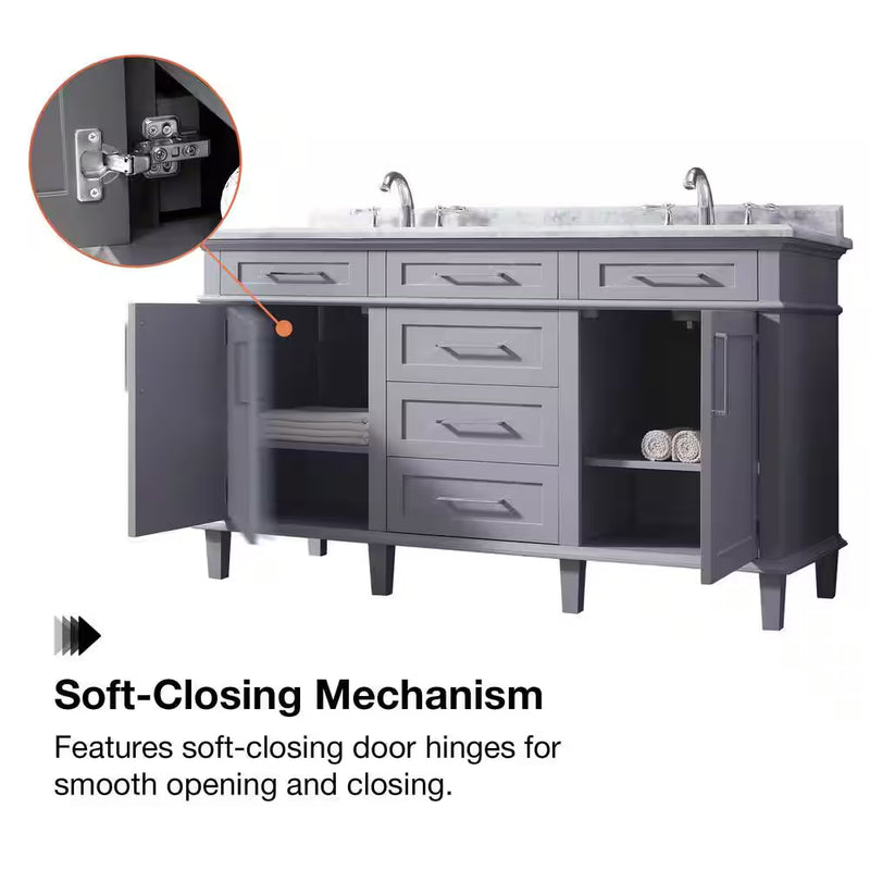 Sonoma 60 In. Dubbele Gootsteen Kiezel Grijs Bad Wastafel met Carrara Marmeren Bovenblad (Gemonteerd) - Puck's