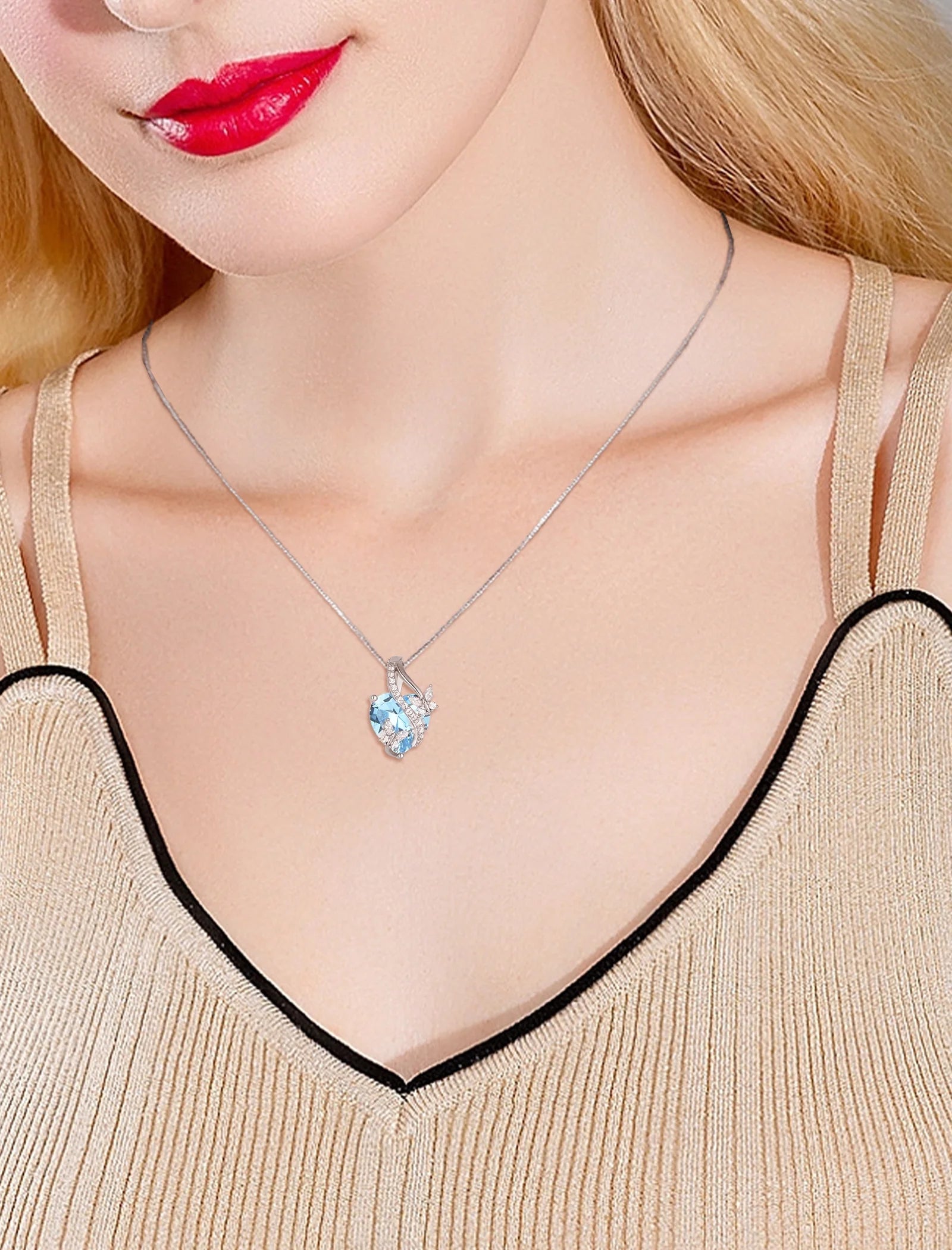 Infinite Heart Pendant Sterling Silver Butterfly Necklace for Women Jewelry Gift with Birthstone March Created Aquamarine - Puck's
