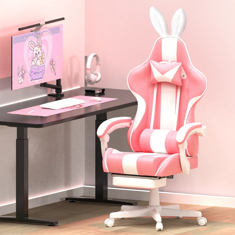 Pink Gaming Chair with Footrest, Ergonomic Game Gamer Chair with Massage Lumbar Pillow & Adjustable Headrest, High Back Office Computer Cute Bunny Ears for Adults Kids Girls, Light Pink - Puck's