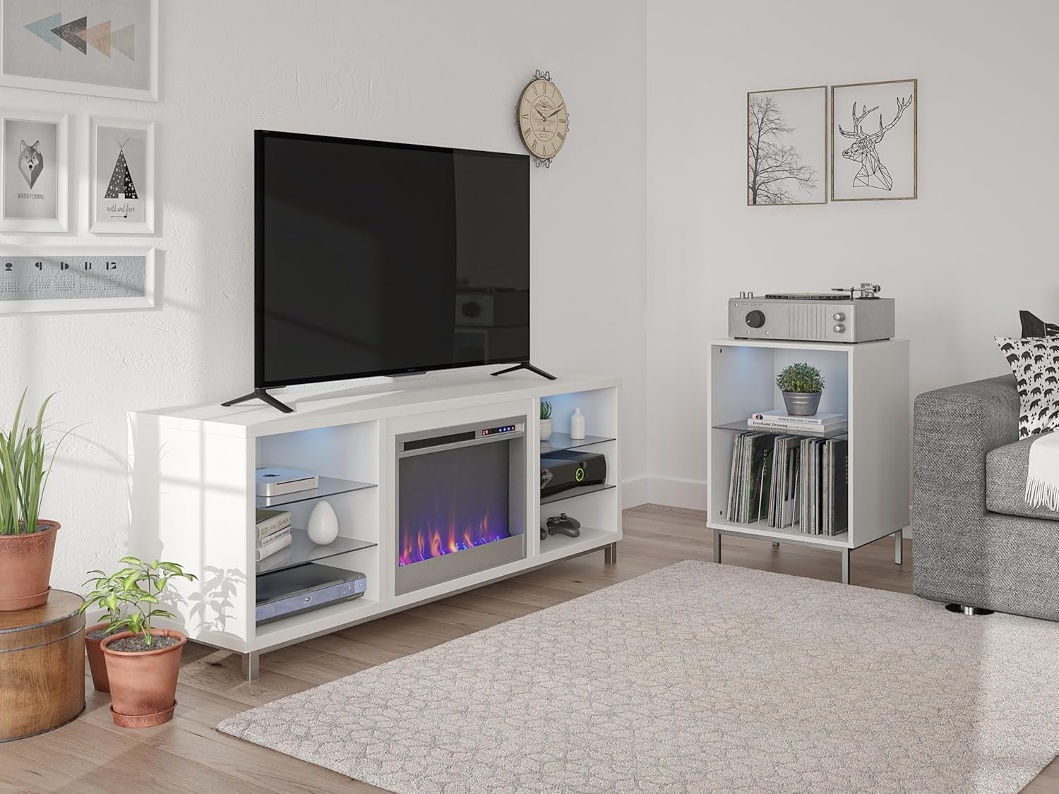 Lumina Fireplace TV Stand for Tvs up to 70 Inch, Replaceable Electric Fireplace Insert Heater, Remote Control, Timer, Color Changing LED Lights, Crystal Ember Flames, White - Puck's