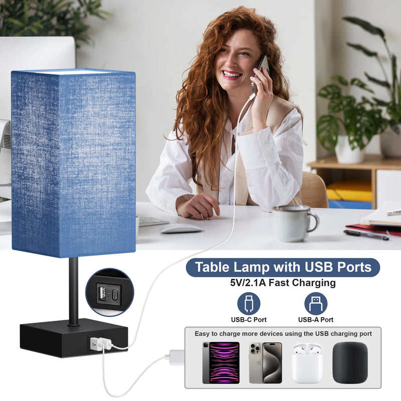 Bedside Table Lamp, Touch Table Lamp with USB C+A Charging Ports, 3-Way Dimmable Small Lamp, Nightstand Lamp for Living Room, Bedroom, Included 5000K Daylight White LED Bulb, Navy Blue