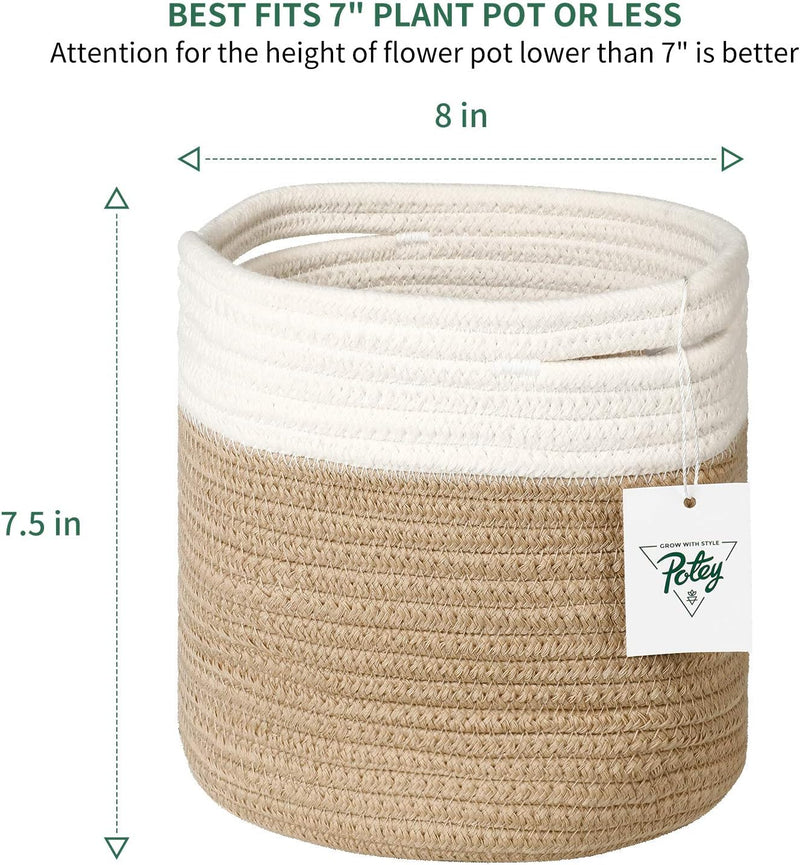 8"X7.5" Basket Planters for Indoor Plants, up to 7.5 Inch Flower Pot, Sturdy Woven Rope Organizer with Handle, Small, White Brown Stripes - Puck's