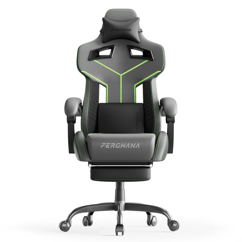 Grey Gaming Chair with Footrest, Ergonomic Computer Chair with Adjustable Height, Leather Office Chair with Massage Lumbar Support, Video Game Gamer Chair for Adults - Puck's