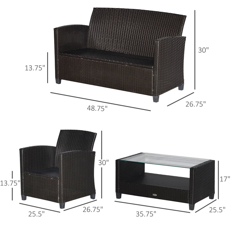 Outsunnny 4 Piece Patio Furniture Set, Outdoor Wicker Loveseat Sofa & Chairs, with 2-Tier Coffee Table & Tufted Cushions, Navy Blue - Puck's
