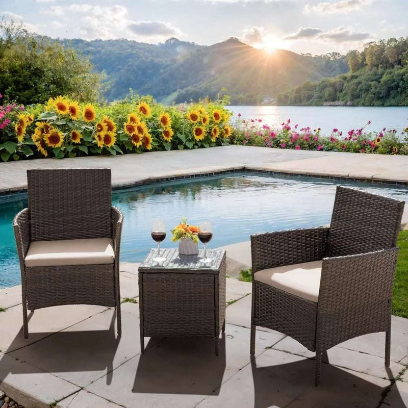 Patio Furniture Set 3 Pieces All-Weather Rattan Outdoor Furniture Patio Chairs with Tempered Glass Table for Porch Bistro - Puck's