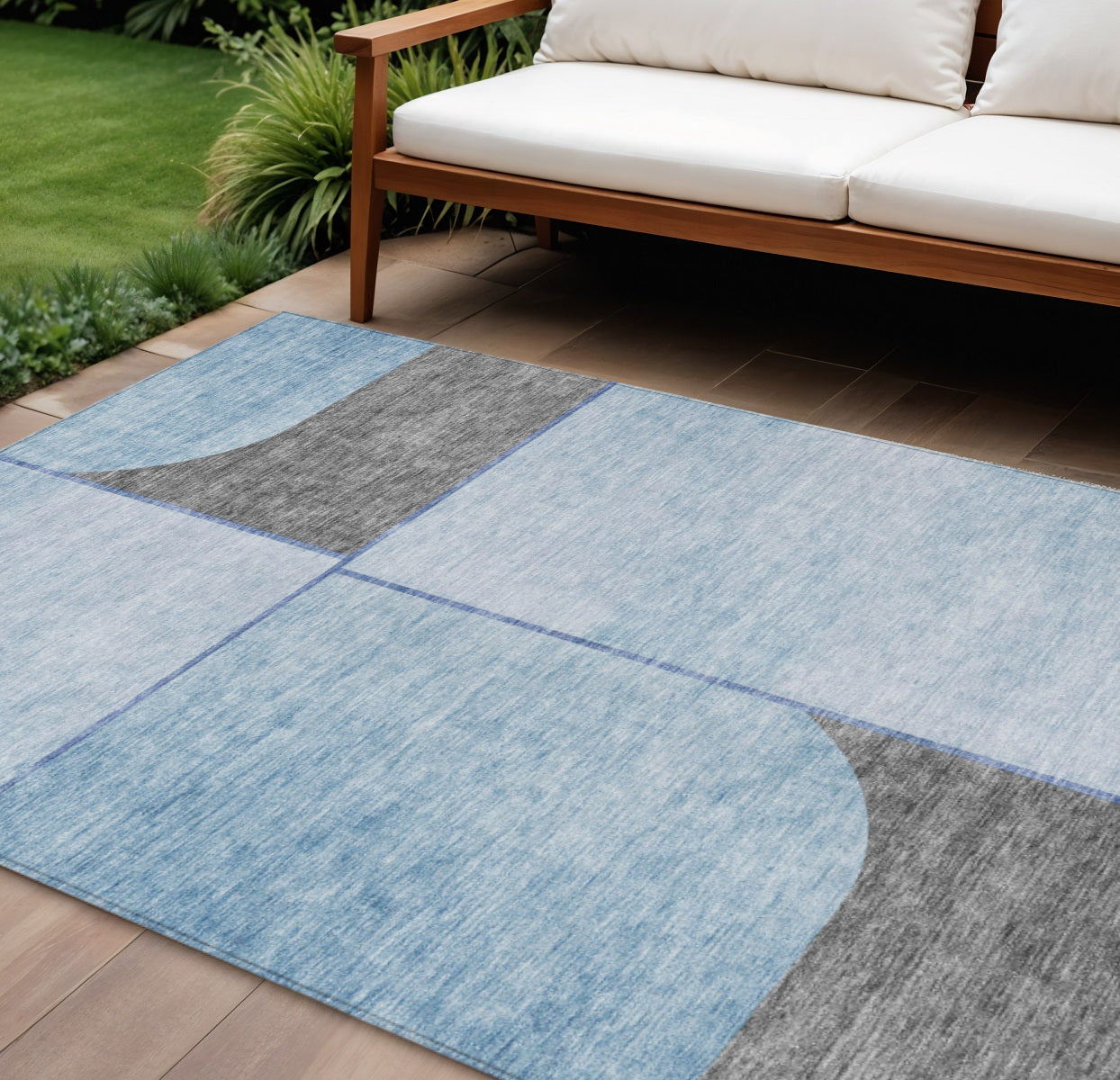 10' X 14' Sky Blue And Denim Blue Abstract Washable Indoor Outdoor Area Rug-0