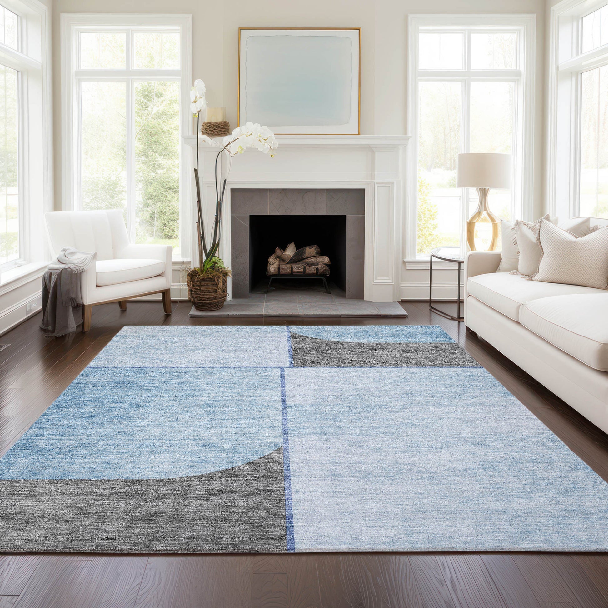 10' X 14' Sky Blue And Denim Blue Abstract Washable Indoor Outdoor Area Rug-7