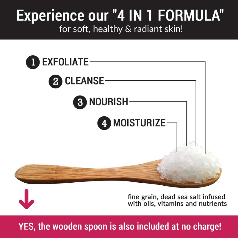 Premium Coconut Body Scrub Set - Large 16Oz Dead Sea Salt Body Scrub with Infused Essential Oils & Nutrients, Includes Wooden Spoon, Loofah & Oatmeal Exfoliating Bar Soap - Puck's
