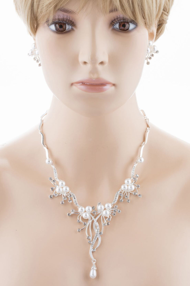 Bridal Wedding Jewelry Set Crystal Rhinestone Pearl Floral Vine Design Necklace - Puck's