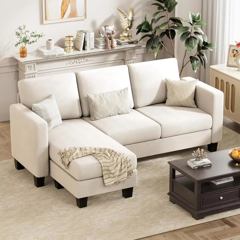 Convertible Sectional Sofa Couch, 3 Seat L-Shaped Sofa with Linen Fabric, Movable Ottoman Small Couch for Small Apartments - Puck's