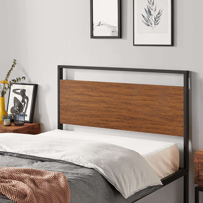 Twin Size Bed Frame, Single Metal Platform Bed with Rustic Wooden Headboard and Footboard, No Box Spring Needed/12 Inch Underbed Storage Space/No Noise/Easy Assembly, Walnut - Puck's