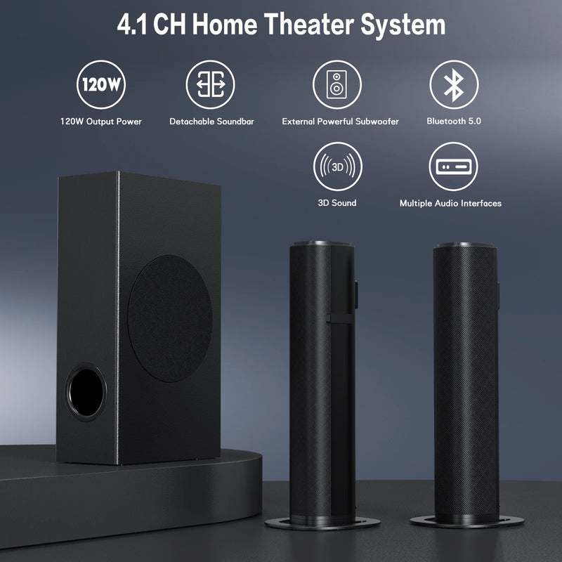 4.1Ch Sound Bar with Subwoofer, 120W Separable Sound Bar for TV with 4 Drivers, Usb/Aux/Coaxial/Optical/Hdmi/Bluetooth Connect, SD01 - Puck's