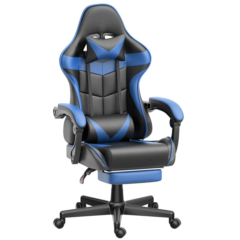 Gaming Chair with Footrest, Ergonomic Office Chair High Back with Headrest & Massage Lumbar Support, Swivel Leather Chairs, Blue - Puck's