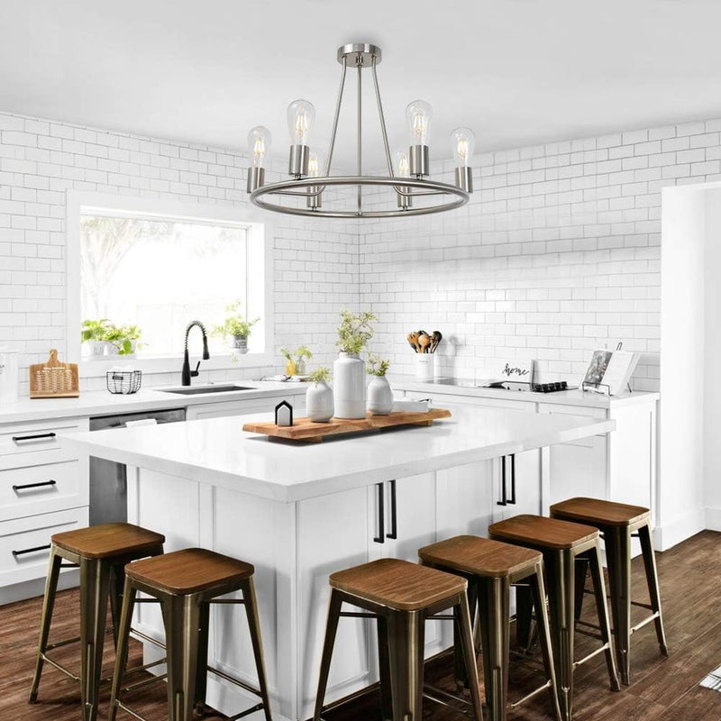round Farmhouse Chandelier Lighting 6-Light Modern Indoor Ceiling Lights Brushed Nickel Mid Century Flush Mount Light Fixtures Ceiling Kitchen Island Dining Room Lighting UL Listed - Puck's