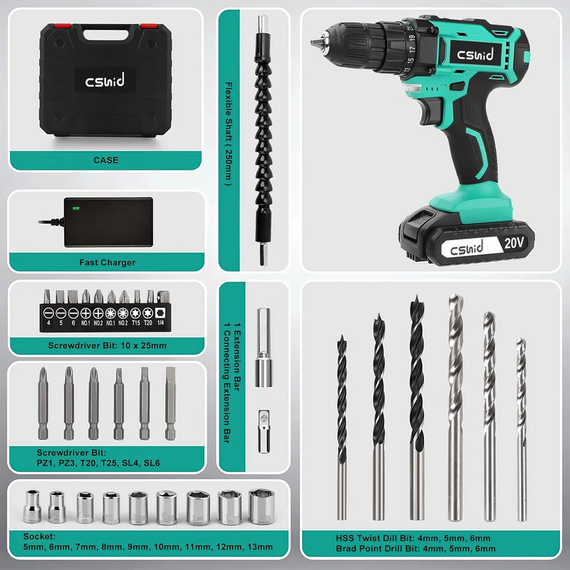 20V Cordless Drill, Electric Power Drill Set with 1 Battery & Charger, 3/8" Keyless Chuck, 2 Variable Speed & LED Light, 266 In-Lb Torque, 25+1 Position and 34Pcs Drill/Driver Bits(Green) - Puck's