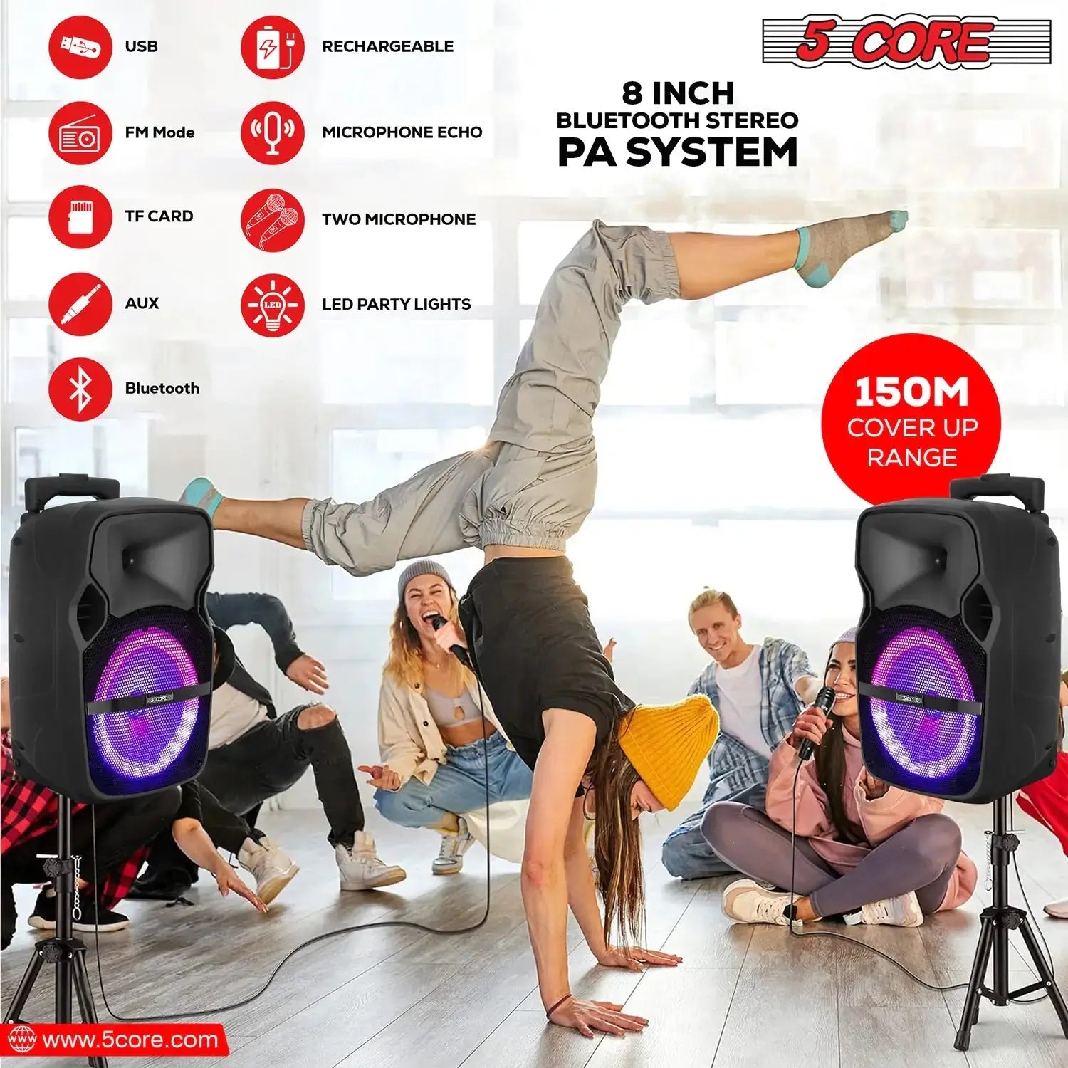 5Core 8 inch PA Portable Bluetooth Party Speaker Karaoke Boombox + 2 - Puck's