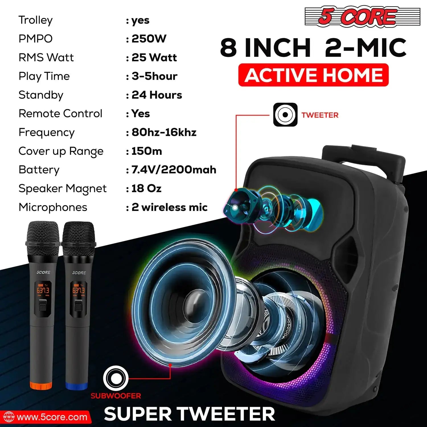 5Core 8 inch PA Portable Bluetooth Party Speaker Karaoke Boombox + 2 - Puck's