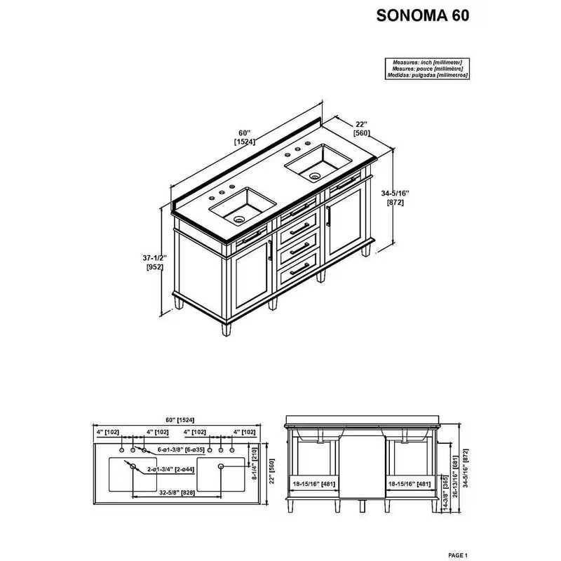 Sonoma 60 In. Dubbele Wastafel Almond Latte Badmeubel met Carrara Marmeren Bovenblad (Gemonteerd) - Puck's