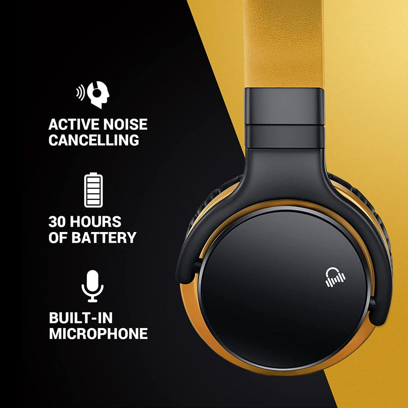E7 Active Noise Cancelling Headphones Bluetooth Headphones Wireless Headphones over Ear with Microphone Deep Bass, Comfortable Protein Earpads, 30 Hours Playtime for Travel/Work, Yellow - Puck's