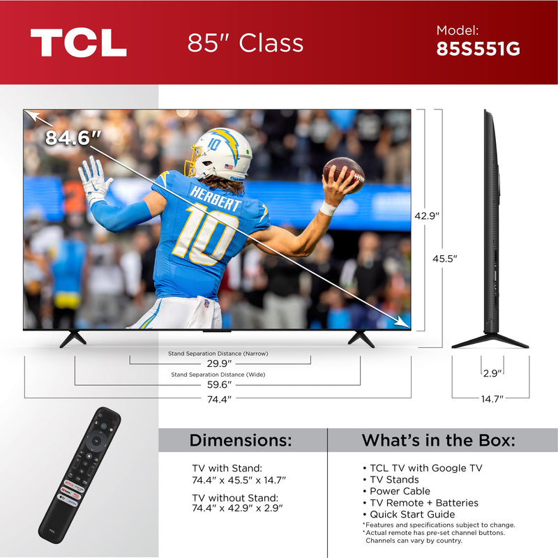 85" Klasse S5 (85S551G) 4K UHD HDR LED Smart TV met Google TV (NIEUW 2024)