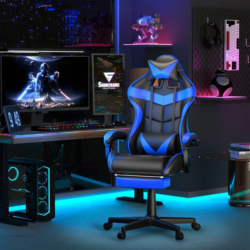 Blue Gaming Chair with Footrest, Office Chair with Massage Lumbar Support & Adjustable Headrest, High Back Comuputer Chair, Ergonomic Game Gamer Chair for Adults Kids, Blue - Puck's