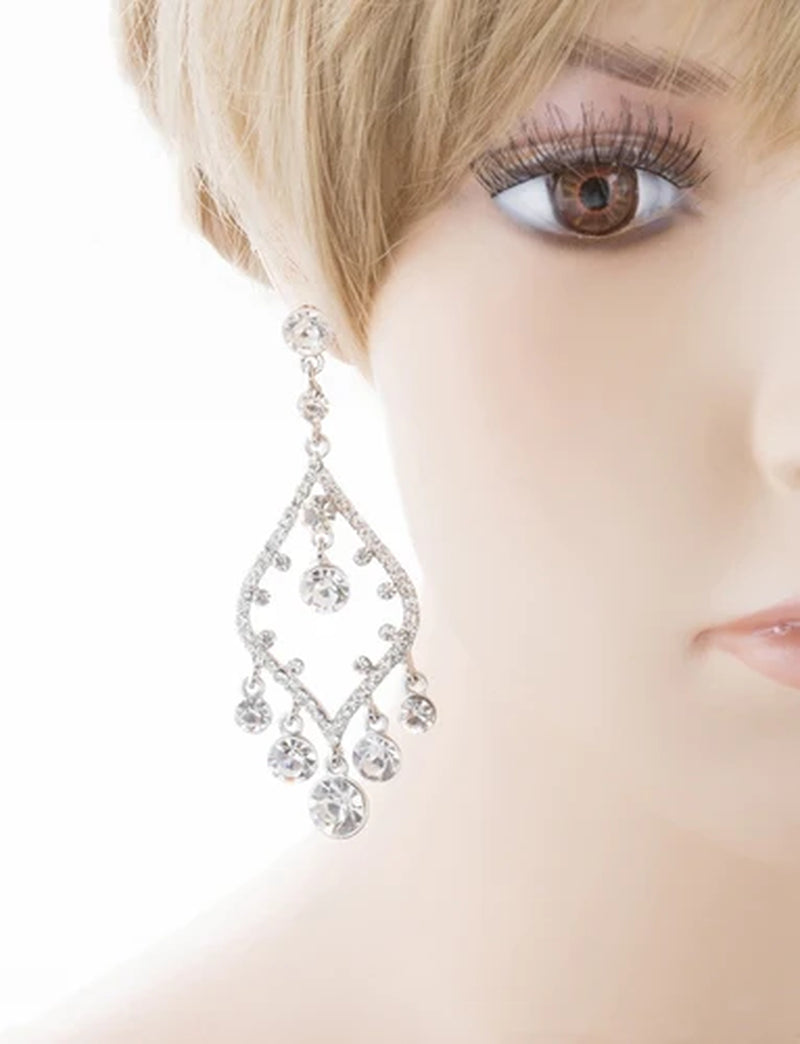 Bridal Wedding Jewelry Crystal Rhinestone Open Chandelier Dangle Earrings Silver - Puck's