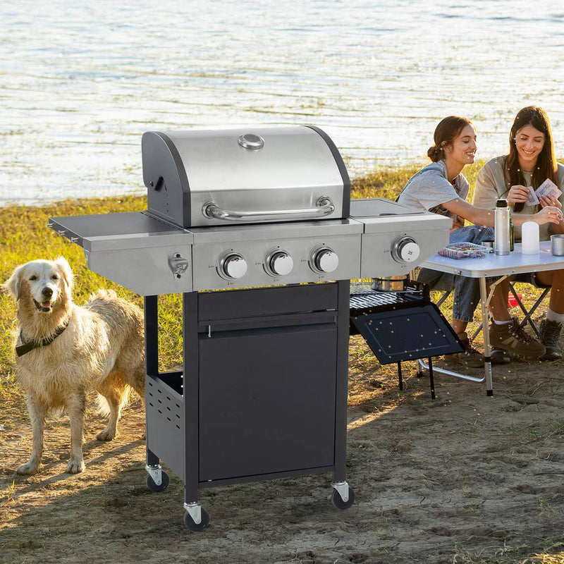 3-Burner Portable Propane Grill Stainless Steel Gas Grill in Gray with Side Burner and Thermometer