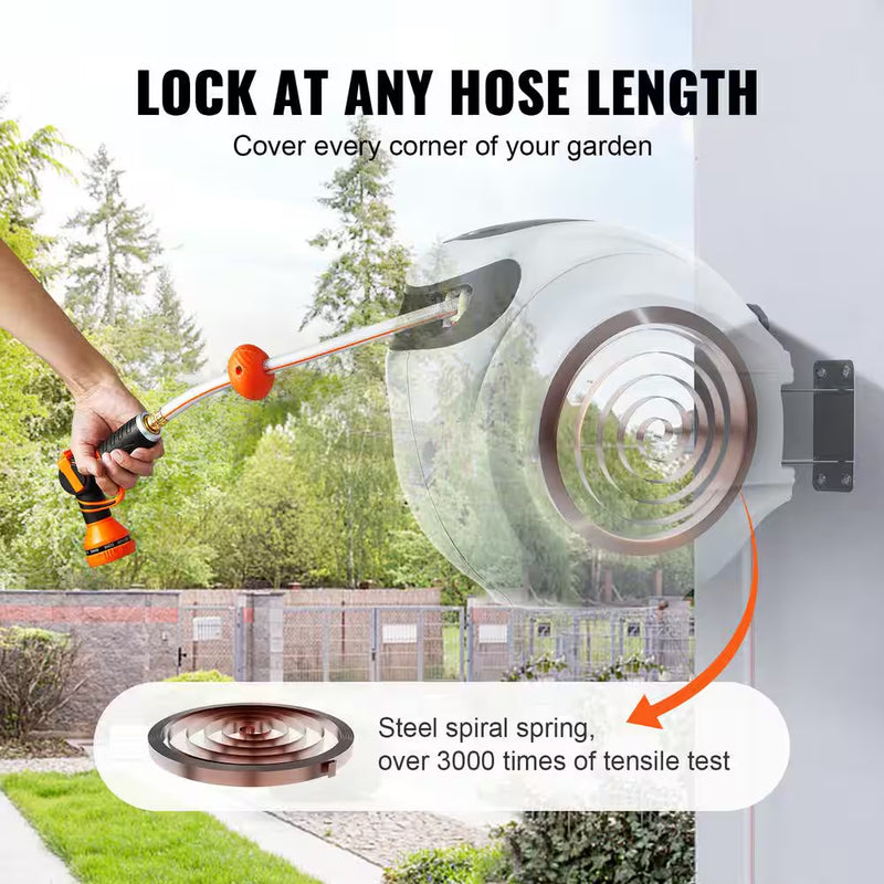 Retractable Hose Reel 5/8 In. Dia X 84 Ft. Garden Water Hose Reel W/9-Pattern Nozzle 180° Swivel Bracket Wall-Mounted - Puck's
