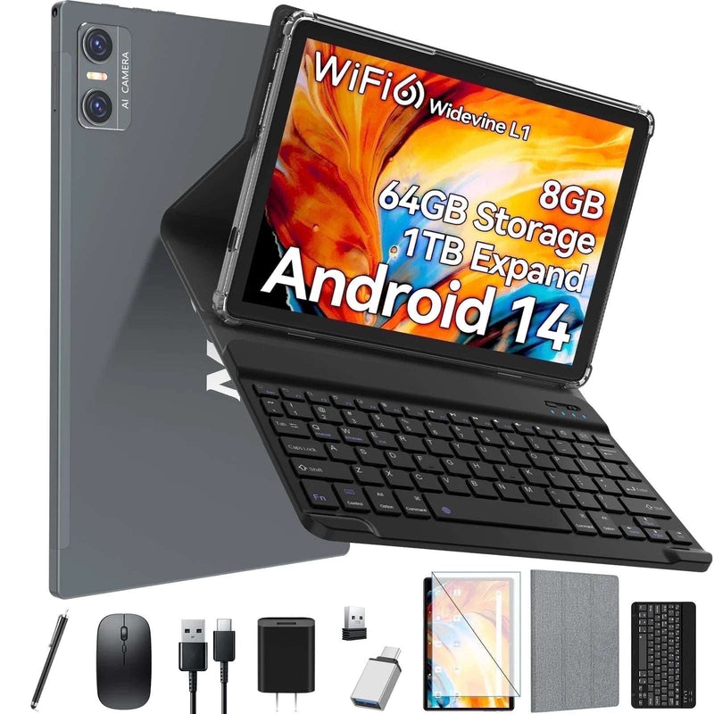 Tablet 10 Inch Android 14 Tablet,Wifi 6 Tablets PC,64GB ROM+8GB RAM( Expand to 1Tb),Octa-Core,5G Wi-Fi,Widevine L1,Bluetooth,Dual Camera,7000Mah,Split Screen,Face Unlocked,2 in 1 Tablet with Keyboard - Puck's