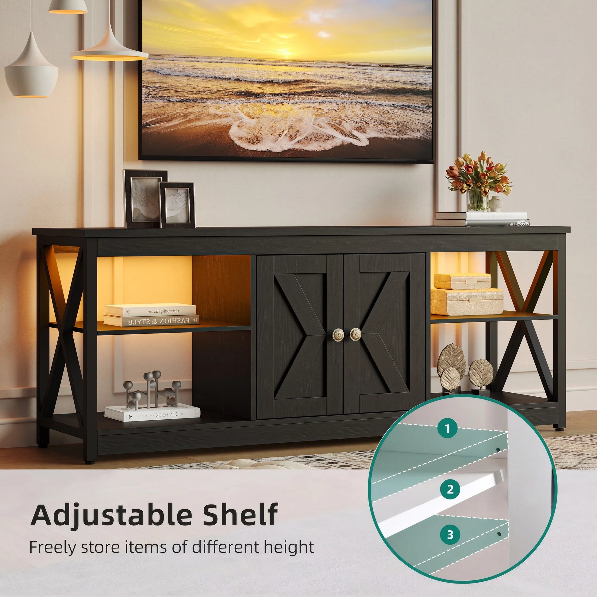 Black TV Stand for 65 Inch TV, Modern TV Cabinet with LED Light - Puck's