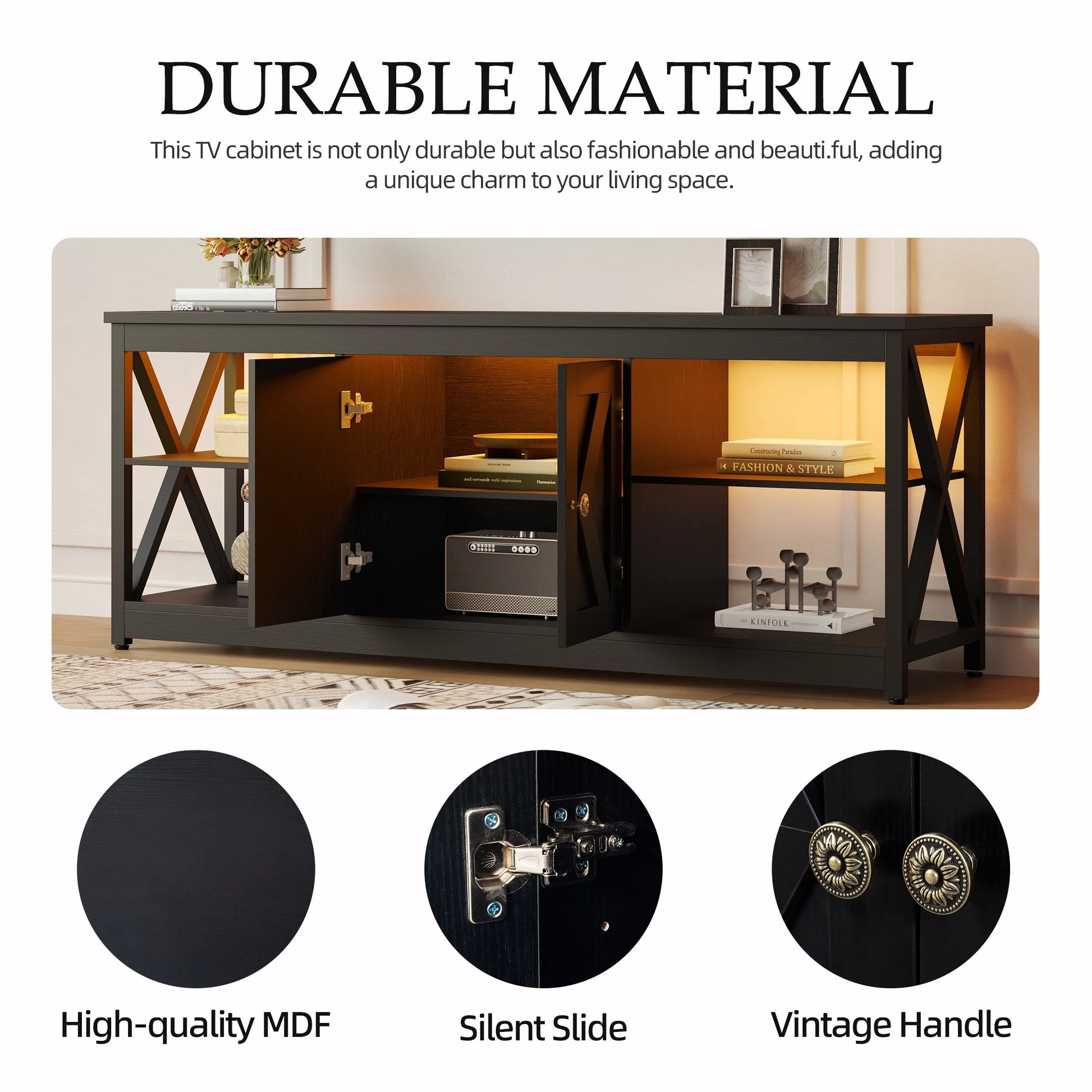 Black TV Stand for 65 Inch TV, Modern TV Cabinet with LED Light - Puck's