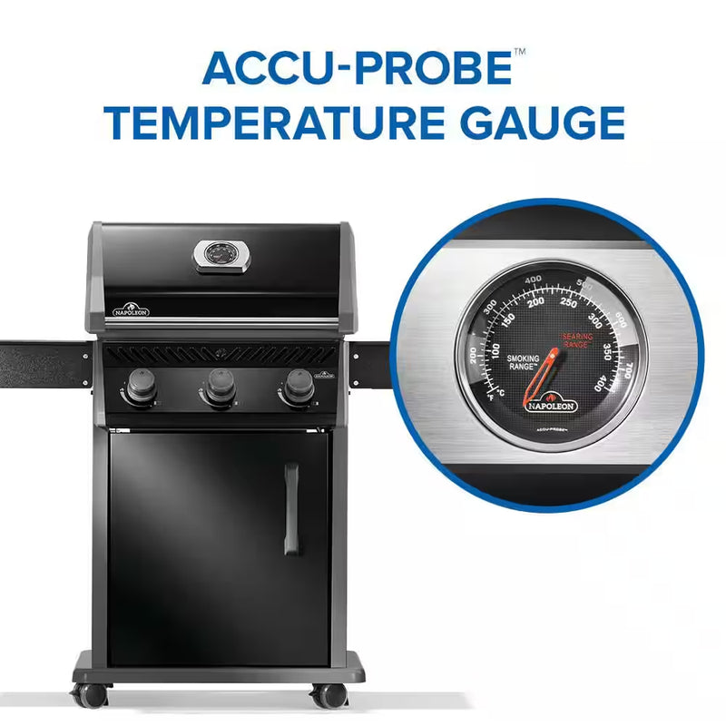 Rogue 425 3-Burner Propane Gas Grill in Black with Cast Iron Cooking Grids
