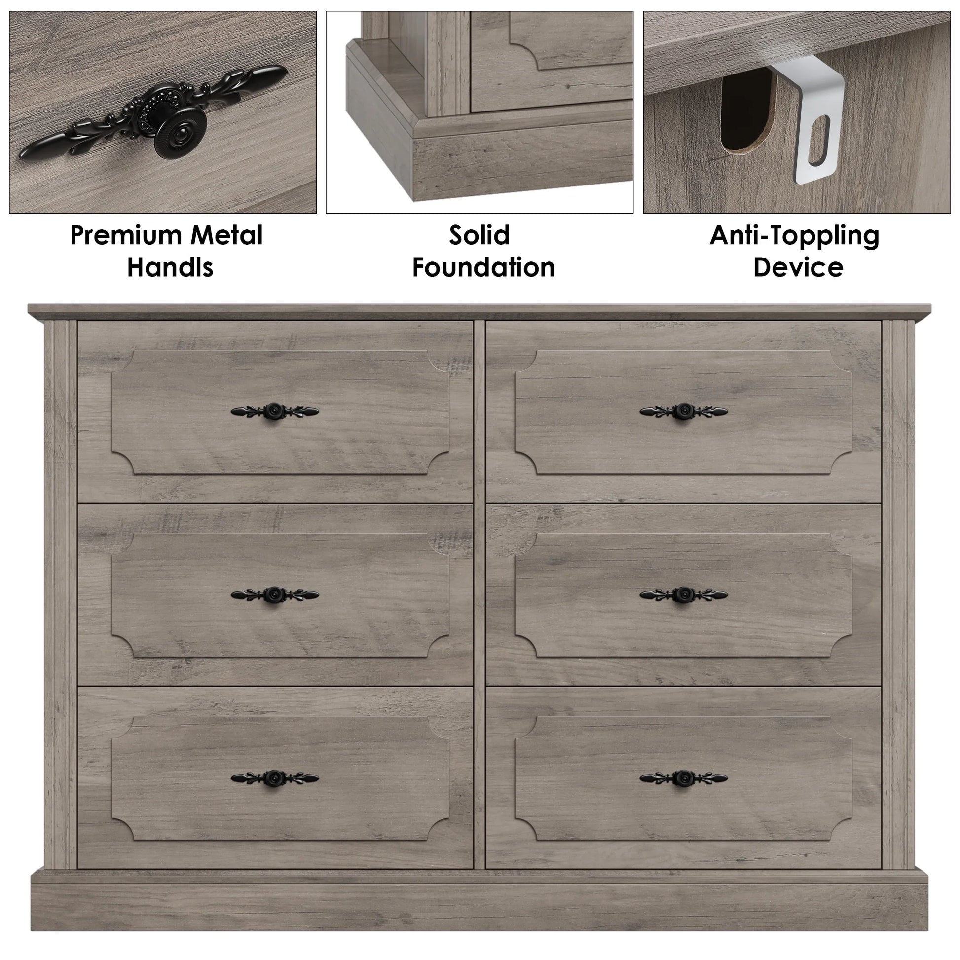 6 Drawer Bedroom Dresser, Farmhouse Wood Storage Drawer Chest Cabinet for Living Room Entryway, Gray - Puck's