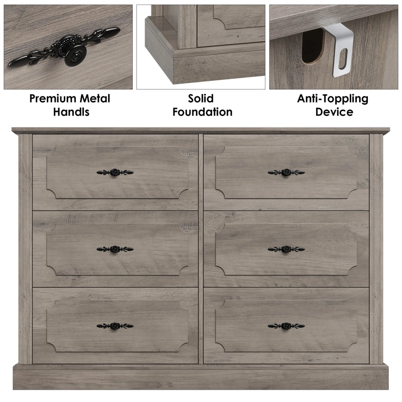 6 Drawer Bedroom Dresser, Farmhouse Wood Storage Drawer Chest Cabinet for Living Room Entryway, Gray - Puck's