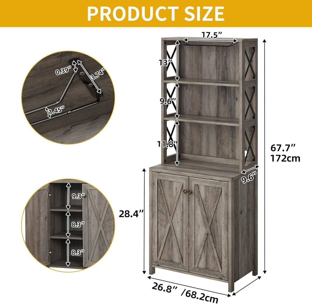 67" Tall Wine Bar Cabinet for Liquor and Glasses, Farmhouse Kitchen - Puck's
