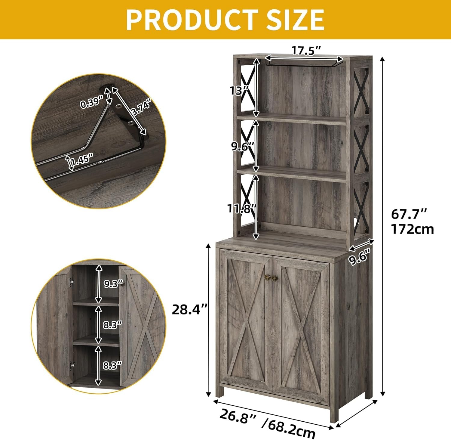 67" Tall Wine Bar Cabinet for Liquor and Glasses, Farmhouse Kitchen - Puck's