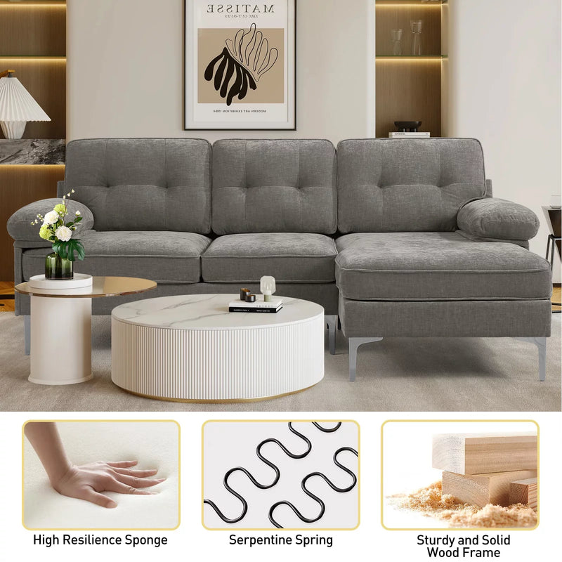 Converteerbare slaapbank, L-vormige bank met omkeerbare chaise lounge, Chenille stof moderne bank voor woonkamer, appartement, kantoor, 3 zitplaatsen, grijs - Puck's
