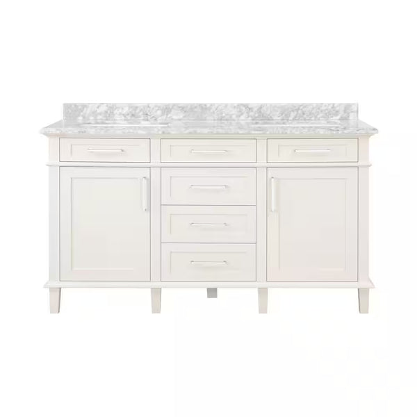 Sonoma 60 In. Double Sink off White Bath Vanity with Carrara Marble Top (Assembled) - Puck's