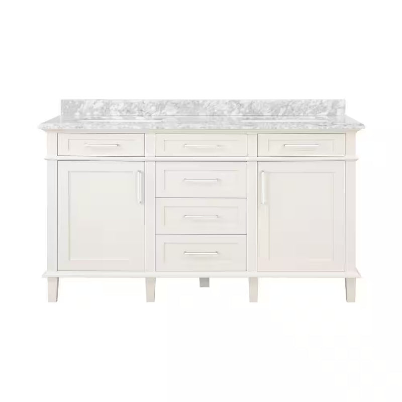 Sonoma 60 In. Dubbele wastafel off white badmeubel met Carrara marmeren blad (gemonteerd) - Puck's