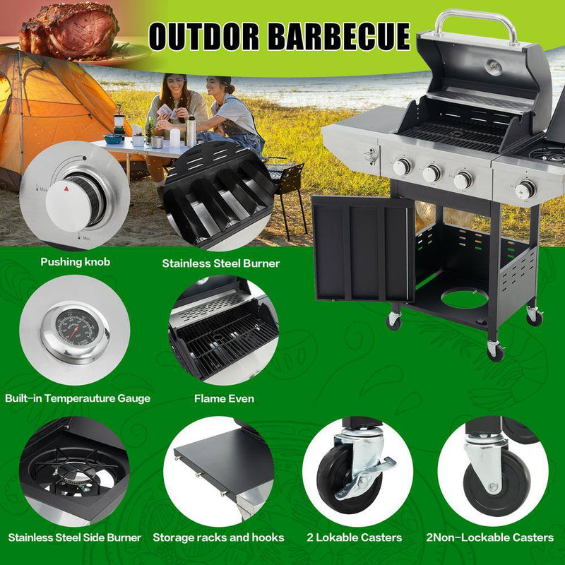 3-Burner Portable Propane Grill Stainless Steel Gas Grill in Gray with Side Burner and Thermometer