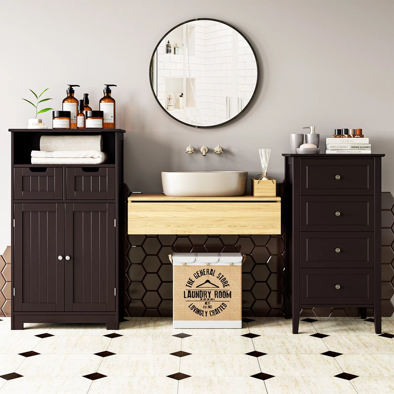 Bathroom Cabinet, Floor Storage Cabinet with 2 Doors and 2 Drawers, Free Standing Wooden Storage Organizer for Living Room, Dark Brown - Puck's