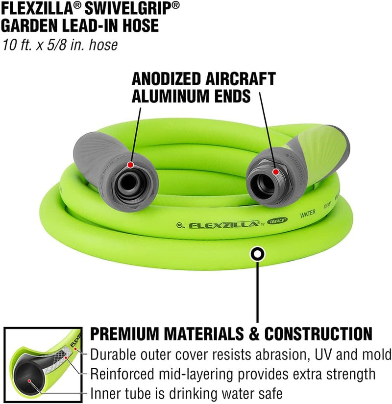 Garden Lead-In Hose with Swivelgrip, 5/8 In. X 10 Ft., Heavy Duty, Lightweight, Drinking Water Safe, Zillagreen - HFZG510YWS-E - Puck's