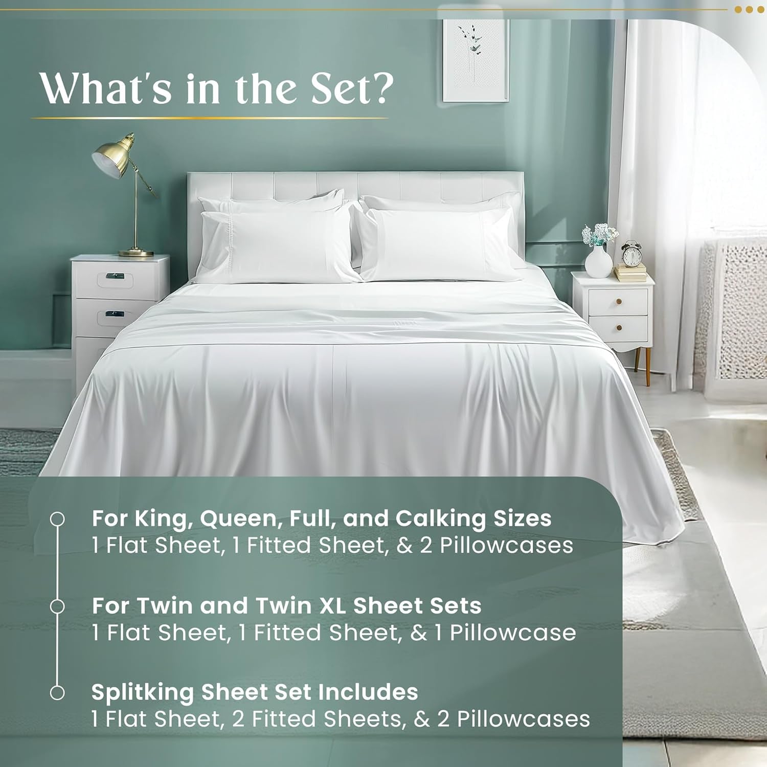 100% Egyptian Cotton Sheets King Size Sheets Set with Fully Elasticated Fitted Sheet & Pillowcase Sets, 800 TC Hotel Collection Deep Pocket King Sheet Set, No Pill Soft Breathable Luxury White Bedding - Puck's