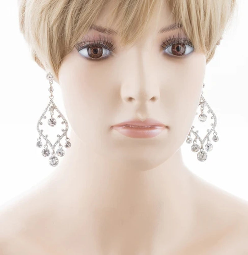 Bridal Wedding Jewelry Crystal Rhinestone Open Chandelier Dangle Earrings Silver - Puck's