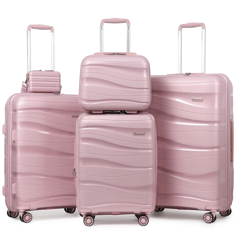 5 Piece Luggage Set PP Hardside Spinner Luggage - (Expandable Carry-On Suitcase20")(24" 28")-Rose Gold - Puck's