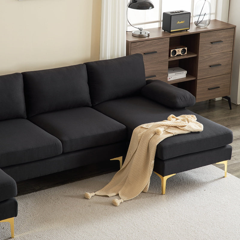 Sectiebank, U-vorm converteerbare bank set met zachte linnen stof, lounge slaapbank met Chaise voor woonkamer 4 zetels zwart - Puck's