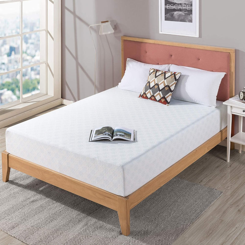 Omkaram Upholstered Platform Bed with Wood Slat Support, Full & 10 Inch Gel-Infused Green Tea Memory Foam Mattress, Full - Puck's
