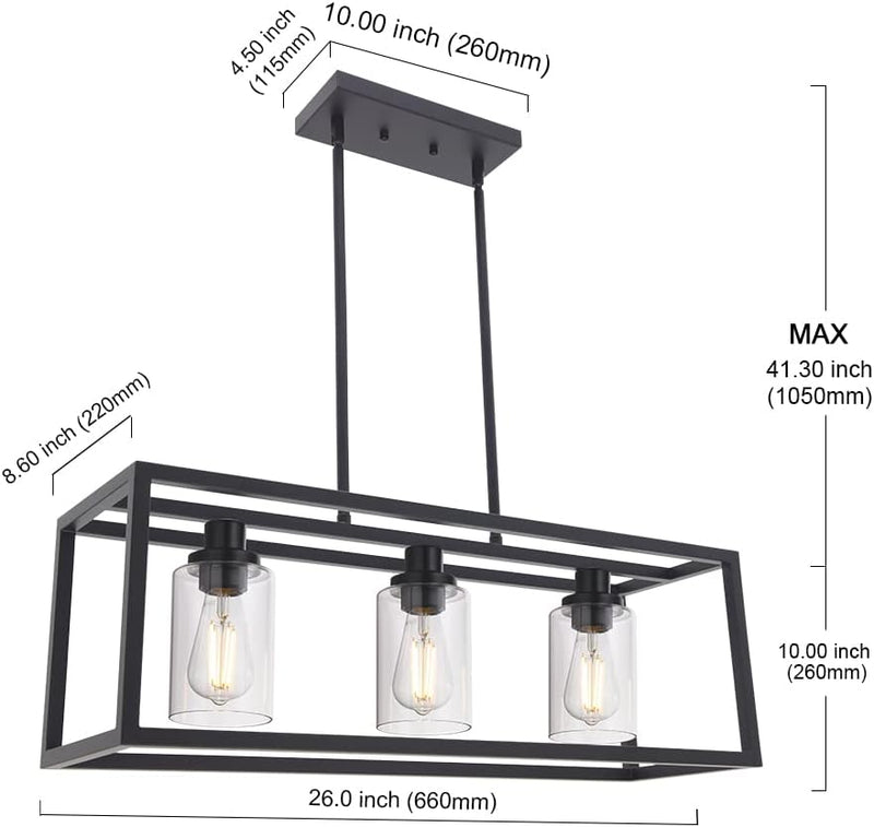 Kitchen Island Lighting 3 Lights Farmhouse Chandelier, Black Pendant Lighting with Clear Glass Shade, Dining Room Lighting Fixtures Hanging Rectangle Chandelier Lighting - Puck's